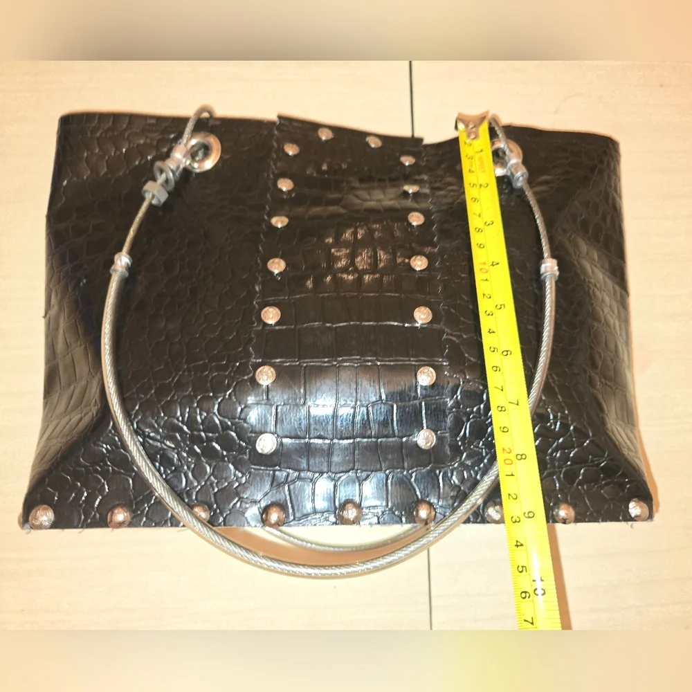 Stash Brand Vintage Elegant Black Croc-Embossed Tote Bag with Wood Base Like New - Picture 12 of 13